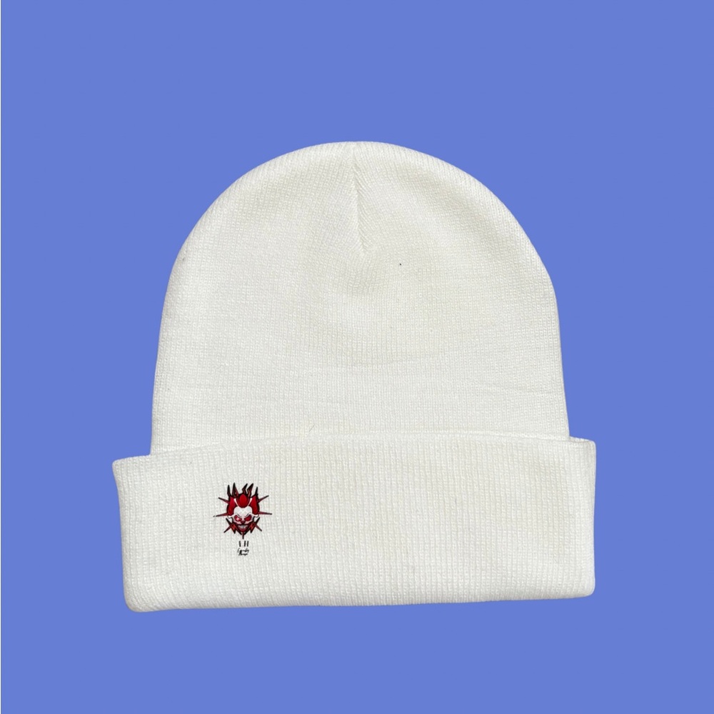 Classic White Knit Beanie with Embroidered Detail